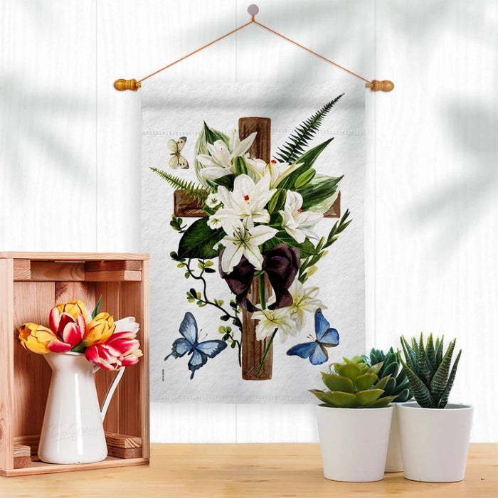 White Lilies Sympathy Cross Banner Flag