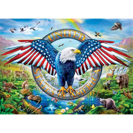 Eagle with American flag puzzle in a natural setting with animals and mountains.