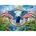 Eagle with American flag puzzle in a natural setting with animals and mountains.
