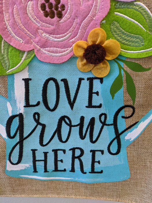 Love Grows Here Watering Can Burlap Garden Flag