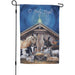 Decorative garden flag with a nativity scene featuring animals and 'O Holy Night' text.