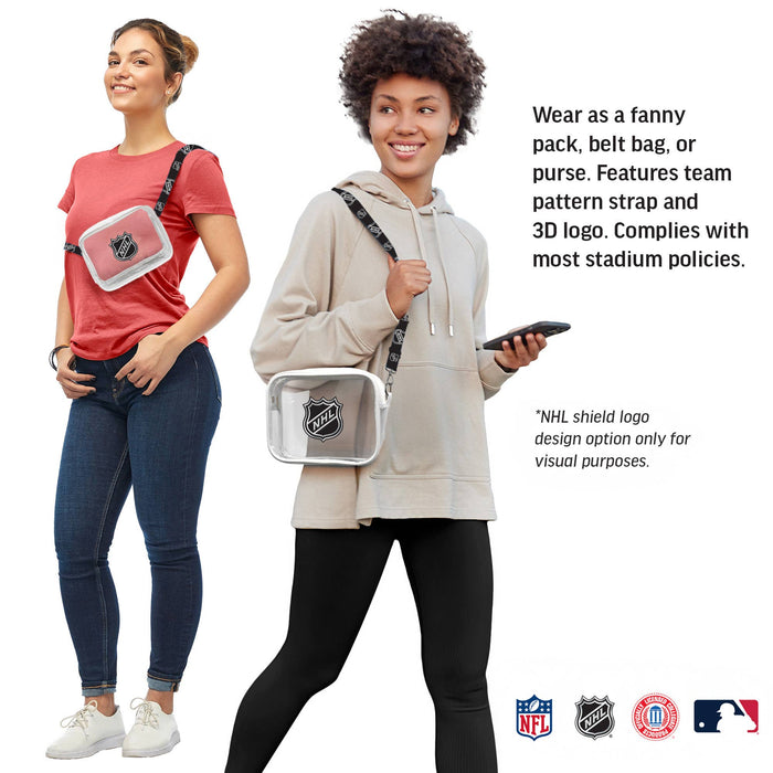 Two women wearing clear bags with team logos, standing side by side on a white background.