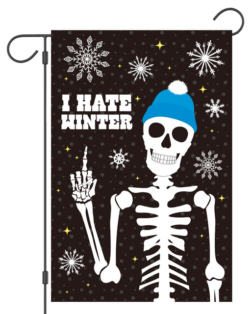 Skeleton wearing a blue beanie with 'I Hate Winter' text on a decorative flag.