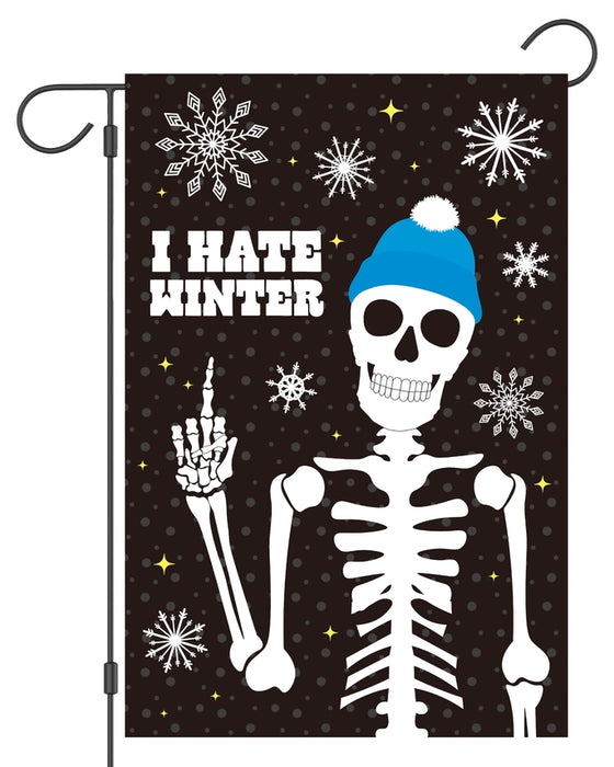 Skeleton wearing a blue beanie with 'I Hate Winter' text on a decorative flag.