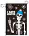 Skeleton wearing a blue beanie with 'I Hate Winter' text on a decorative flag.
