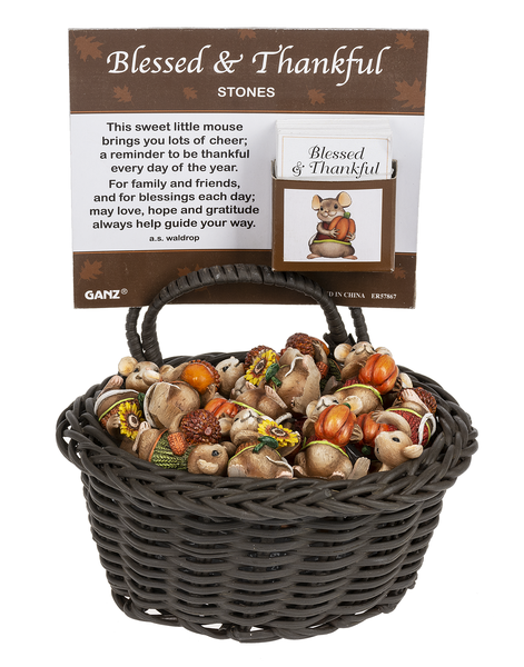 Decorative basket with small mice and stones labeled 'Blessed & Thankful' on a white background