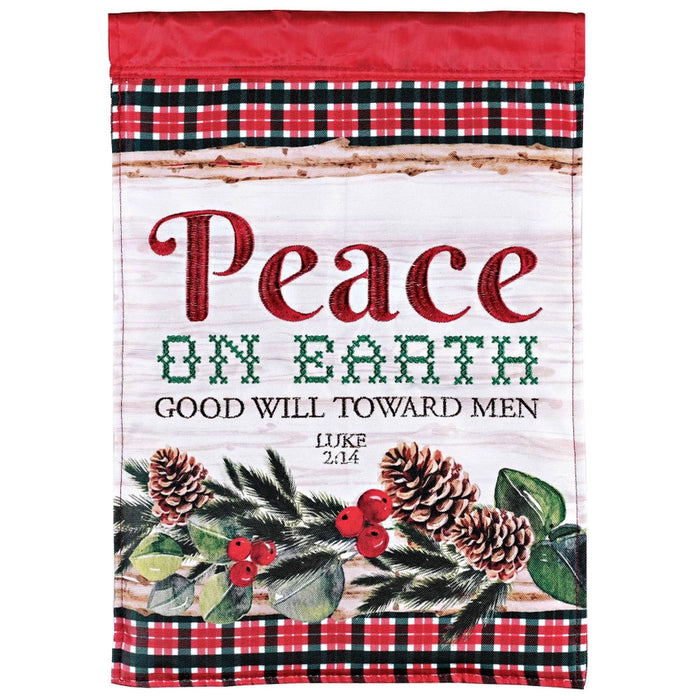 Christmas garden flag with 'Peace on Earth' text and plaid border