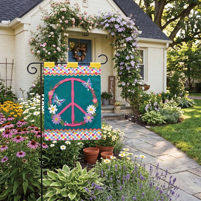 Floral Peace Sign Applique Garden Flag