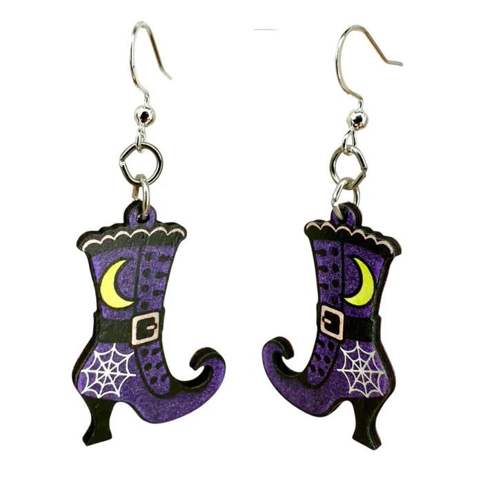 Purple Witch Boots Wood Earrings