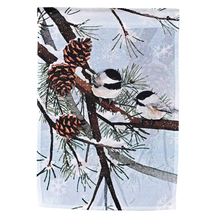 Blue Pines and Chickadees Garden Flag