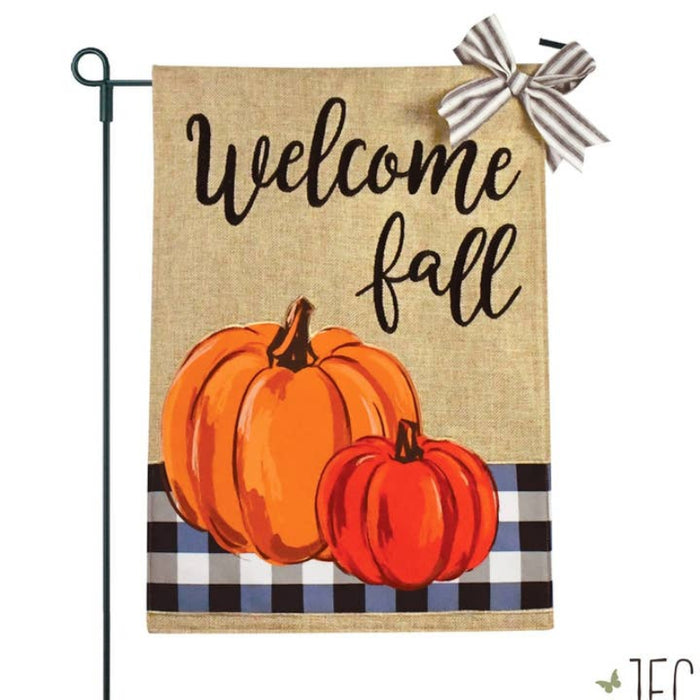 Welcome Fall Blue Buffalo Plaid Pumpkins Burlap Garden Flag