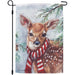 Garden flag with a deer wearing a red and white striped scarf against a snowy background with pine trees