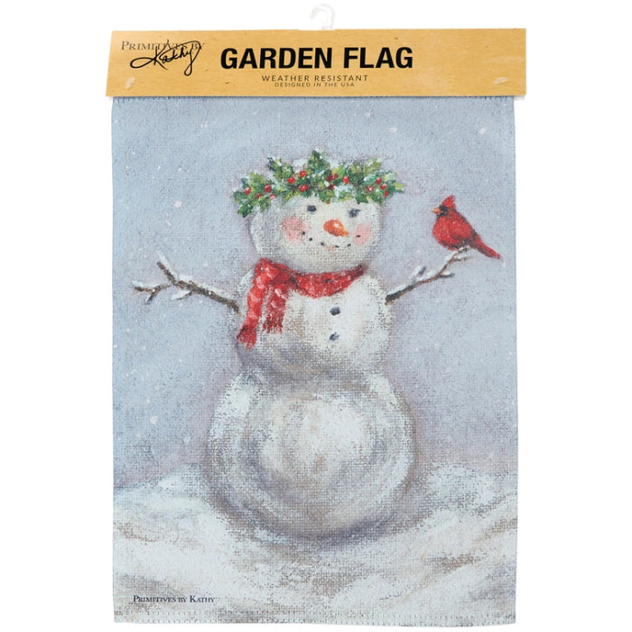 Decorative garden flag with a snowman wearing a red scarf and green wreath, and a cardinal bird on a snowy background.