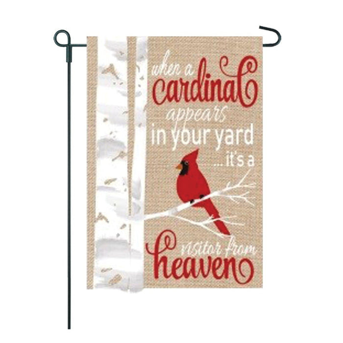 Cardinal Visitor On Birch Tree Burlap Garden Flag