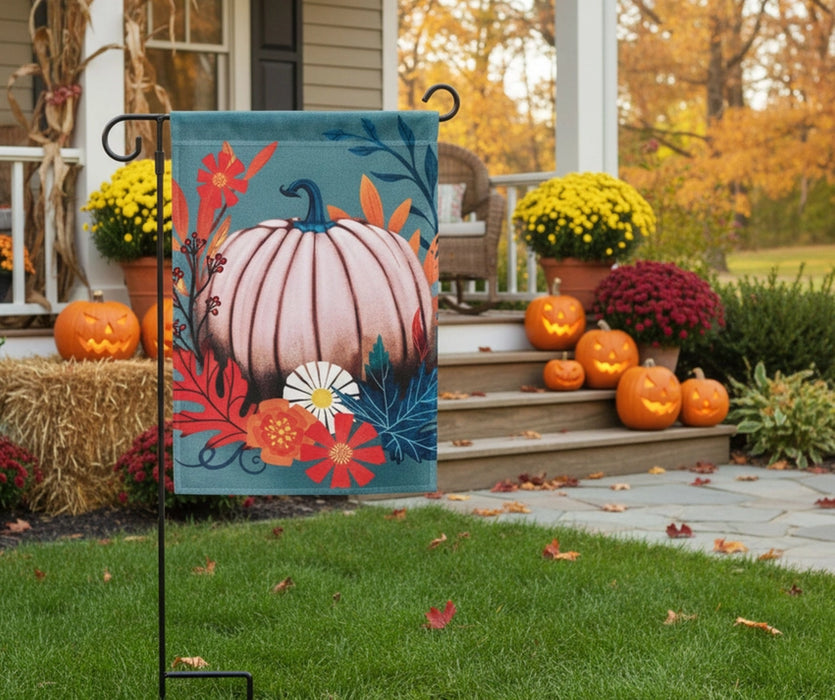 White Pumpkin With Teal Garden Flag