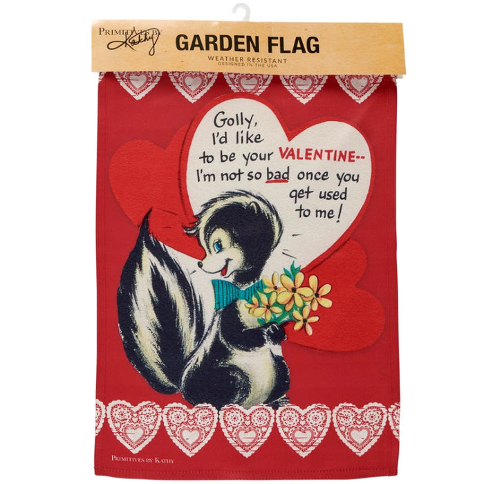 Valentine's Day-themed garden flag with cartoon skunk holding flowers and text on a red background with heart designs.