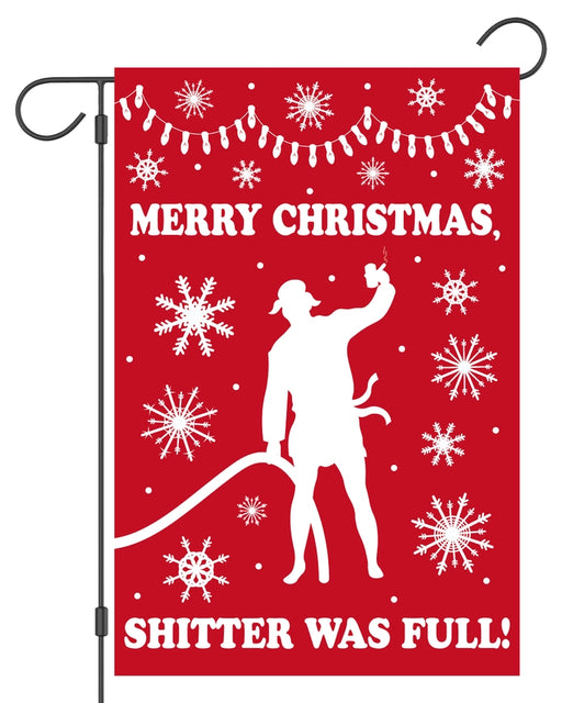 Red Christmas garden flag with a silhouette of a person and snowflakes with text saying "merry Christmas, shitter was full!"