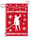 Red Christmas garden flag with a silhouette of a person and snowflakes with text saying "merry Christmas, shitter was full!"