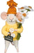 Stuffed mouse toy wearing a yellow sweater and hat, holding flowers and holding a sign