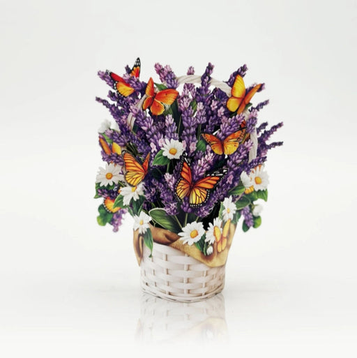 Paper Bouquet of lavender and daisies with butterflies in a white basket that comes with a greeting card