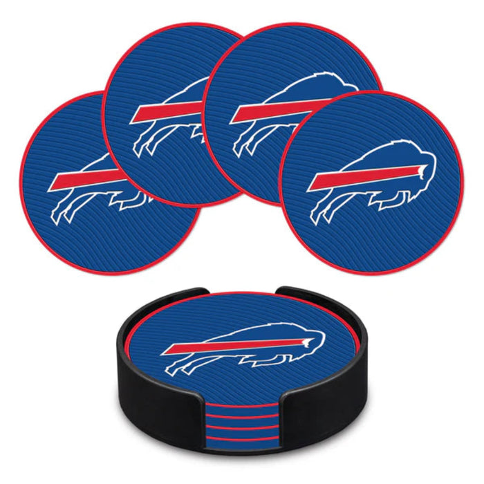 Set of Buffalo Bills coasters with a black holder