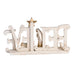 Decorative nativity scene with 'BELIEVE' letters on a white background