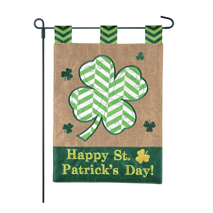 Happy Shamrock Chevron Burlap Garden Flag