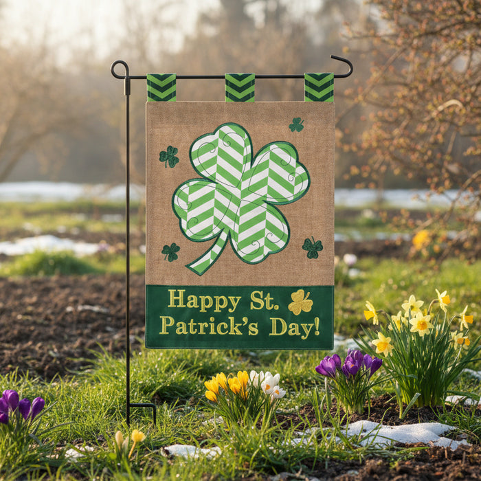 Happy Shamrock Chevron Burlap Garden Flag