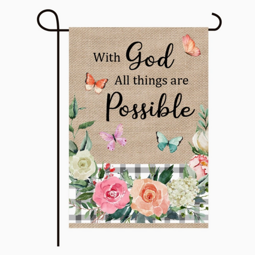 With God Butterfly Burlap Garden Flag
