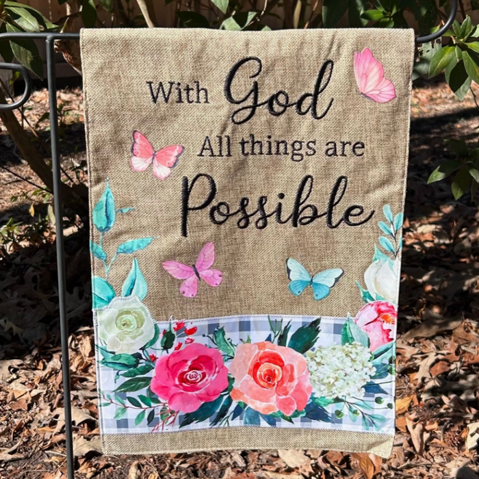 With God Butterfly Burlap Garden Flag