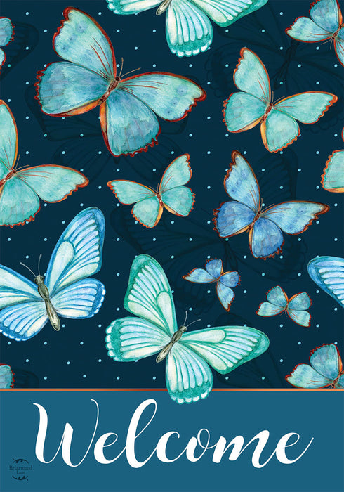 Blue Butterflies Welcome Decorative Flag