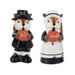 Two ceramic squirrel salt and pepper shakers, one in a pilgrim outfit and the other in a maid outfit, holding pumpkins that say "Give" "Thanks".
