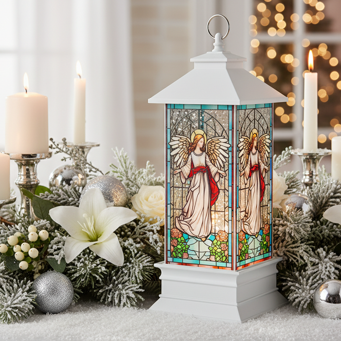 Stained Glass Shimmer Angel Light Up Water Lantern