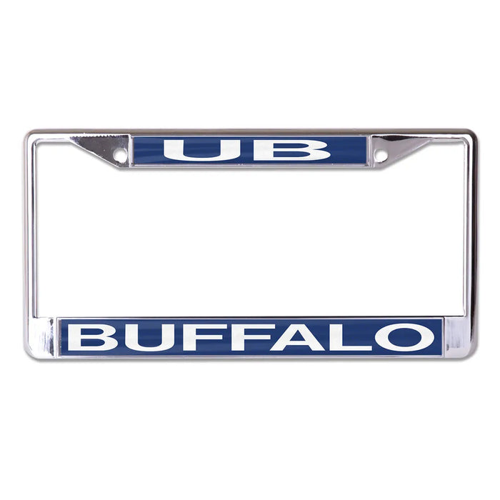 Metallic license plate frame with 'UB' and 'BUFFALO' text