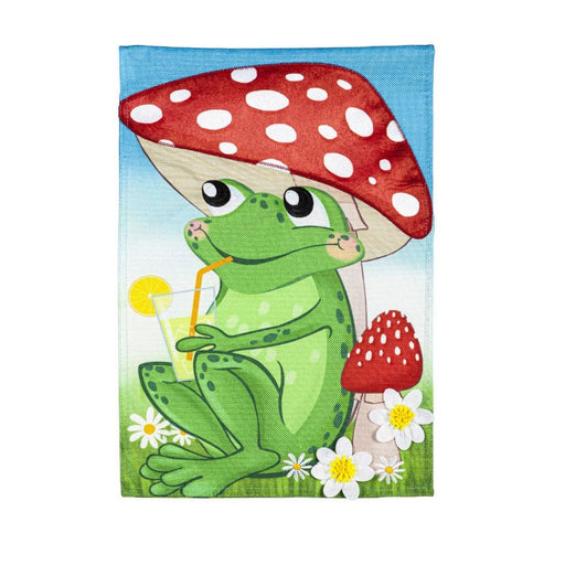 Frog Under Mushroom Burlap Garden Flag