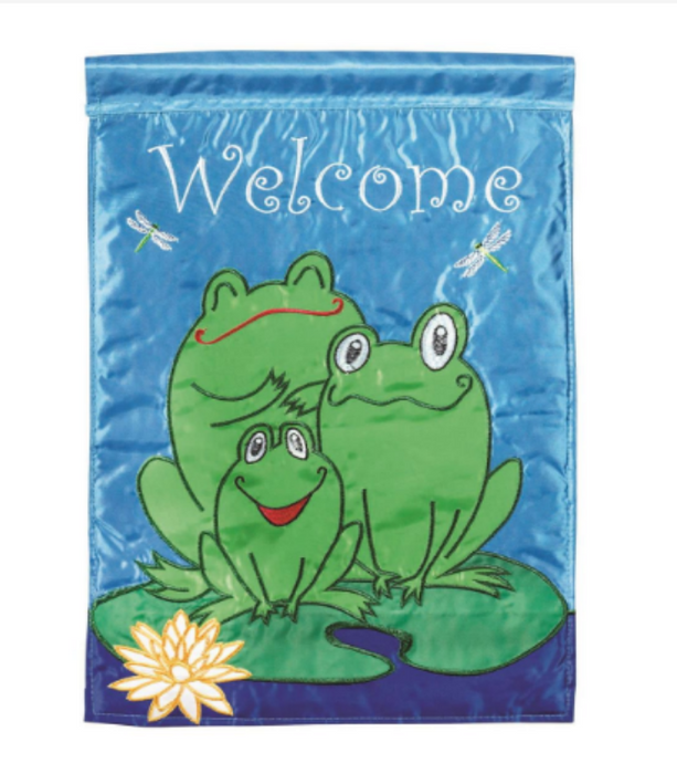 three frogs sitting on lily pad flag with "welcome" at the top