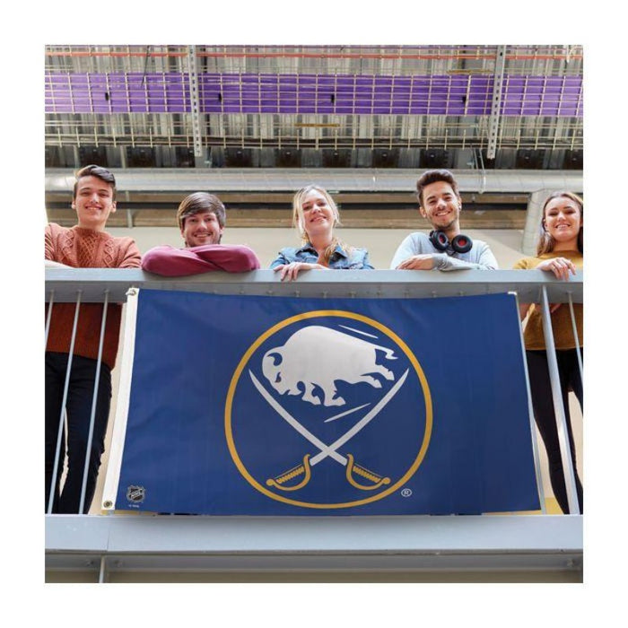 royal blue background with sabres and buffalo logo in the middle