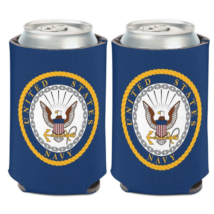 blue can cooler with the united states navy emblem logo on both sides
