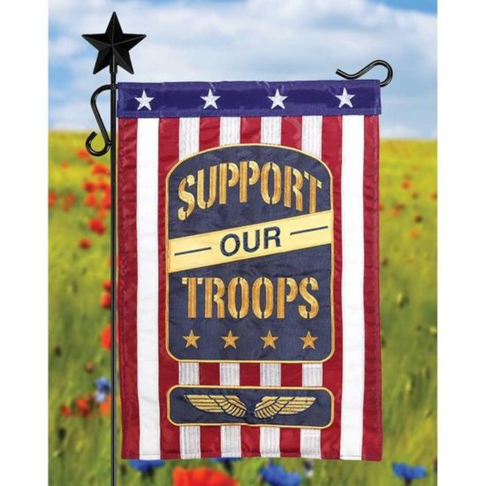 "Support Our Troops" patriotic Applique Garden Flag outdoors