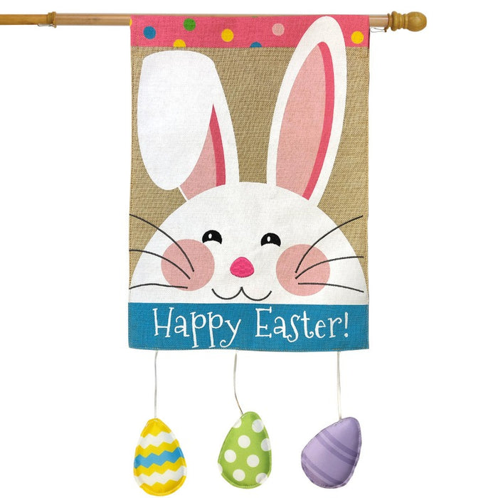 burlap flag with bunny and the words "happy easter!" and dangling eggs from the bottom of the flag