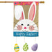 burlap flag with bunny and the words "happy easter!" and dangling eggs from the bottom of the flag