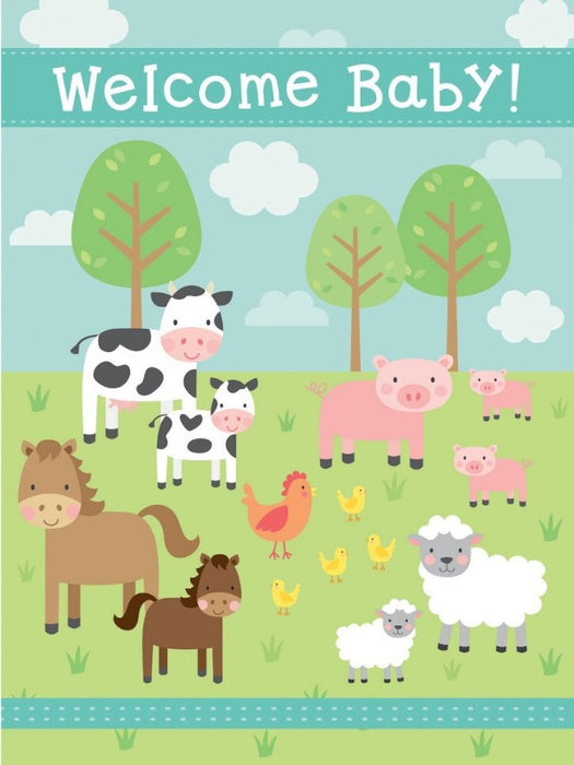 flag with farm animals on it and says "welcome baby!" at the top