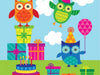 cartoon style flag with colorful owls and presents 