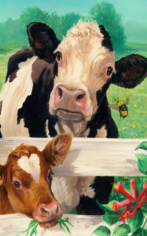 two cows at a fence banner flag