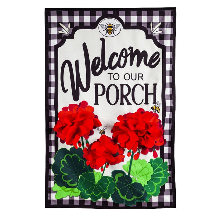 Welcome to Our Porch Geraniums Linen Banner Flag