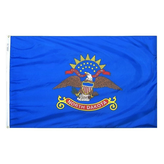 blue flag with an eagle with shield emblem and a banner saying "North Dakota"