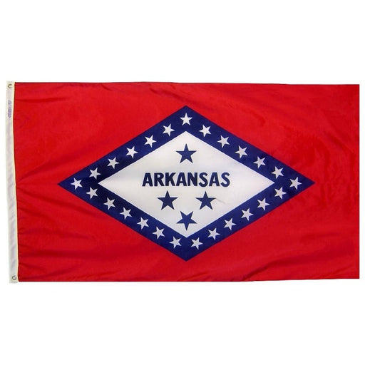 red flag with a blue diamond and white stars and the word "Arkansas" in the center