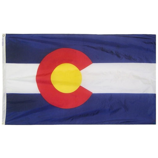 blue and white flag with a red C and yellow circle in the center
