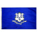 blue flag with a white and blue coat of arms in the center with latin words on a small banner