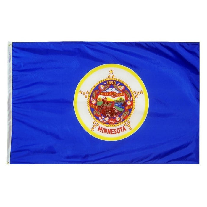 blue flag with the state flower, seal, and stars along with the word "minnesota"